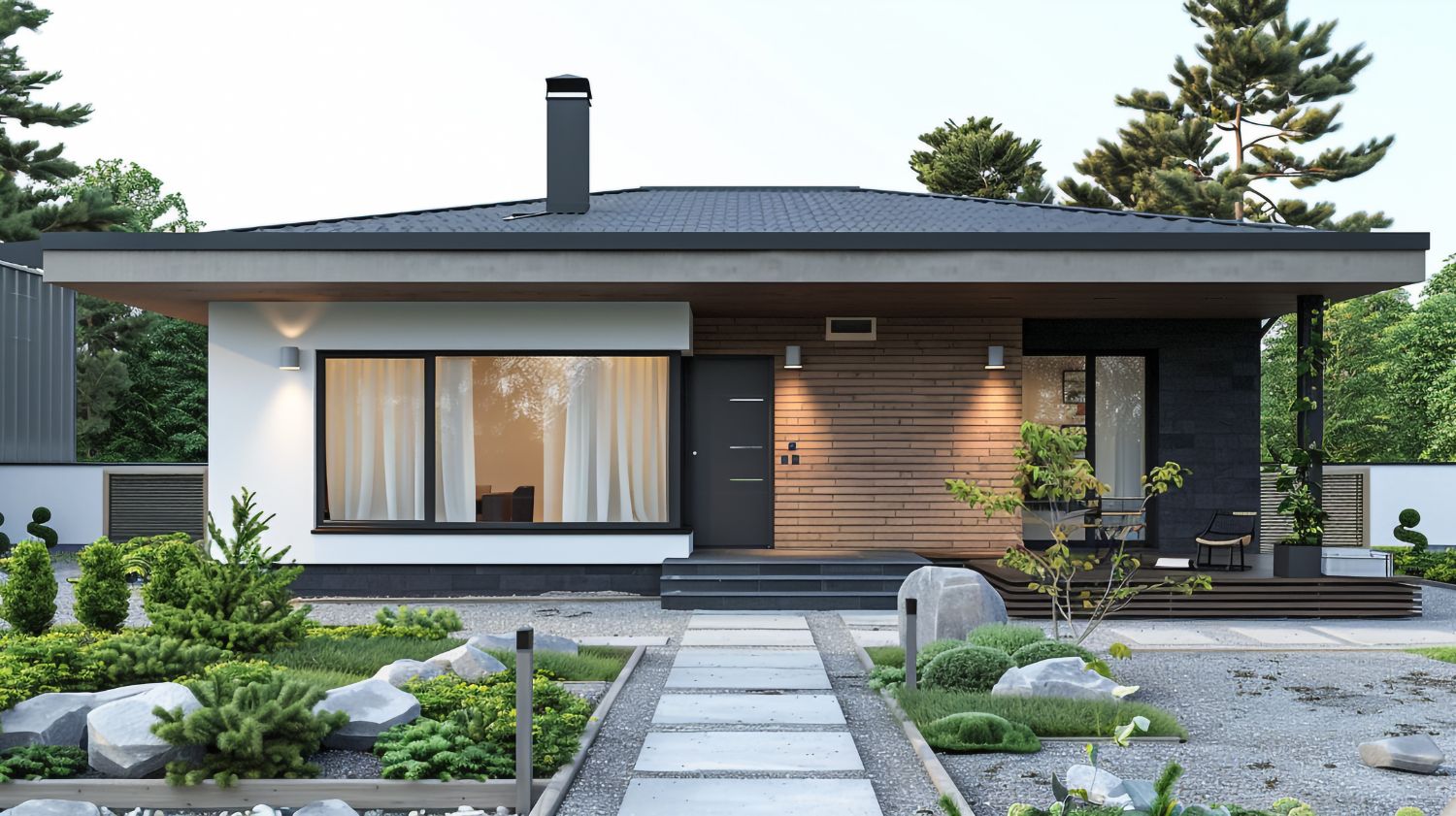 Casă parter modernă cu fațadă albă și placări cu lemn, proiect renovare Satu Mare.